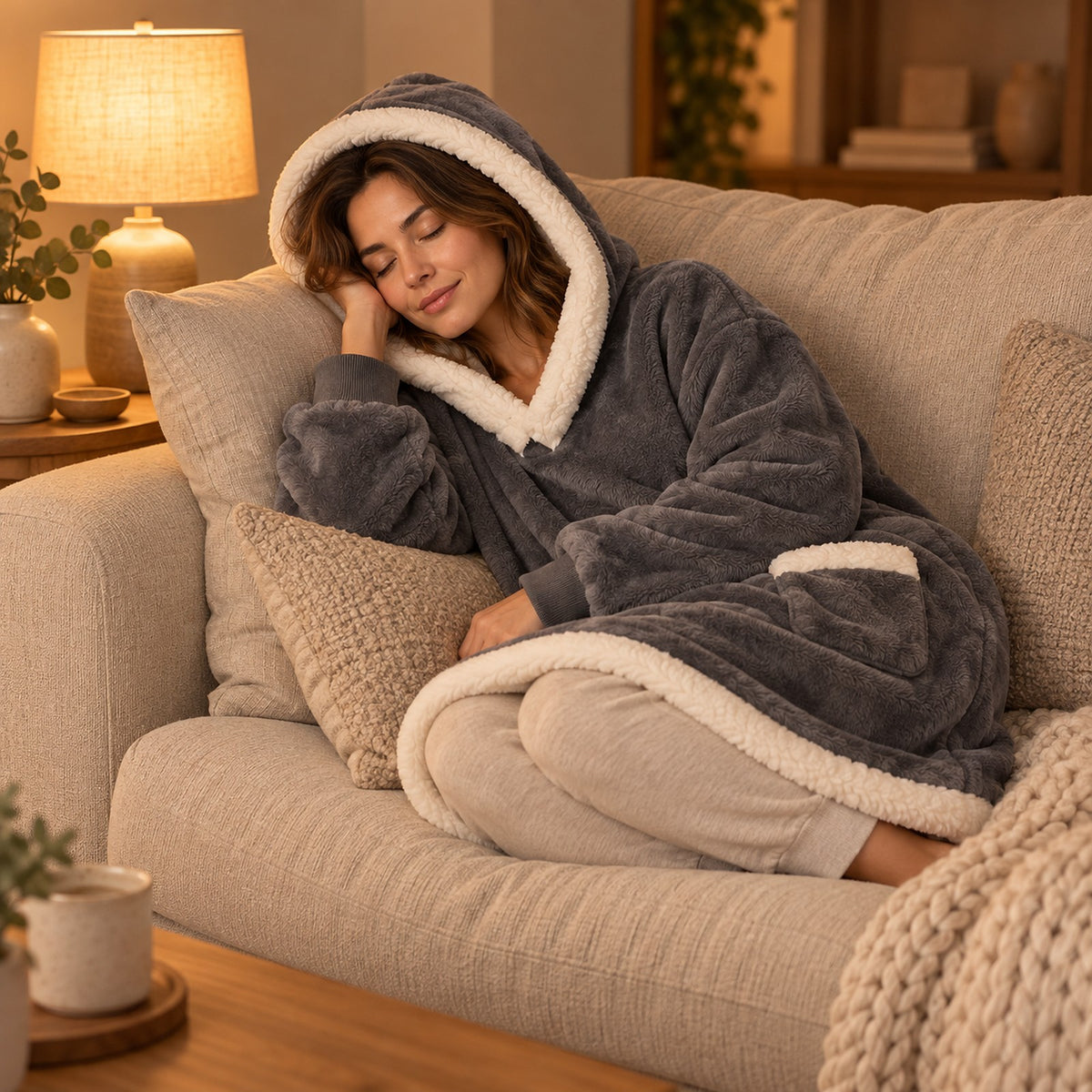 A woman curled up on a sofa at night in the grey Wearable Blanket, the hood up, a lamp lit