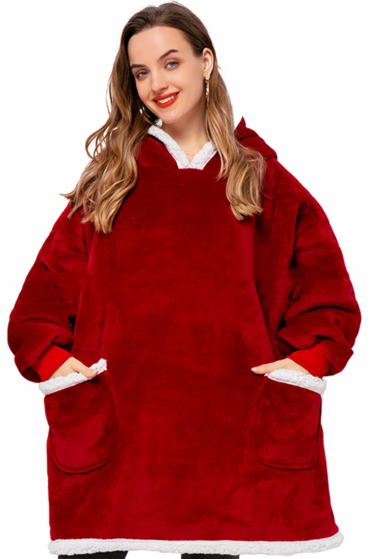Wine red Wearable Blanket with its front pockets