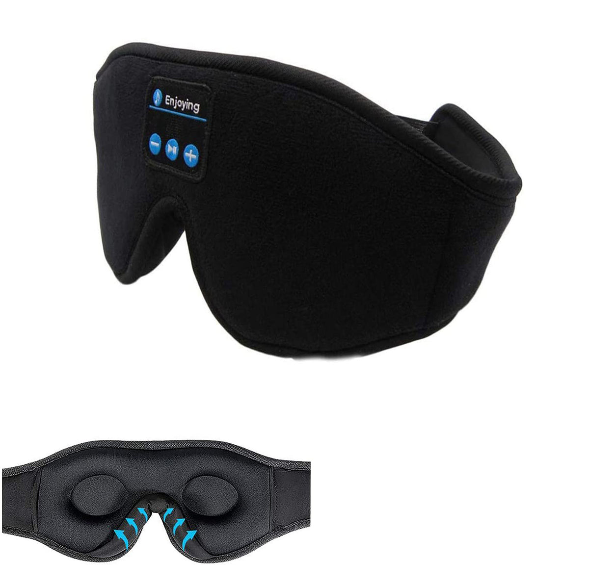 AVXT Bluetooth Sleep Mask in black, with the control buttons on the band and the eye cups underneath