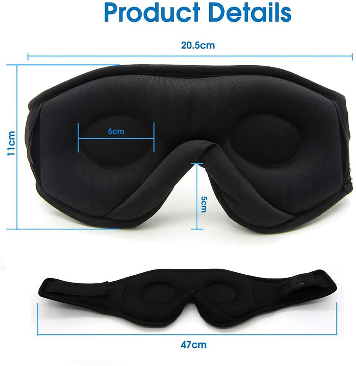 Product details diagram of the AVXT Bluetooth Sleep Mask with its measurements