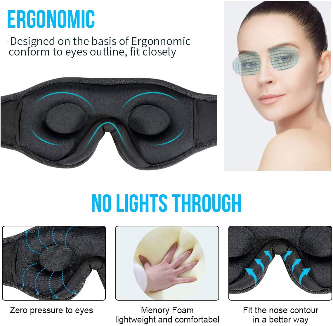 Close-ups of the Bluetooth sleep mask's eye cups and nose bridge