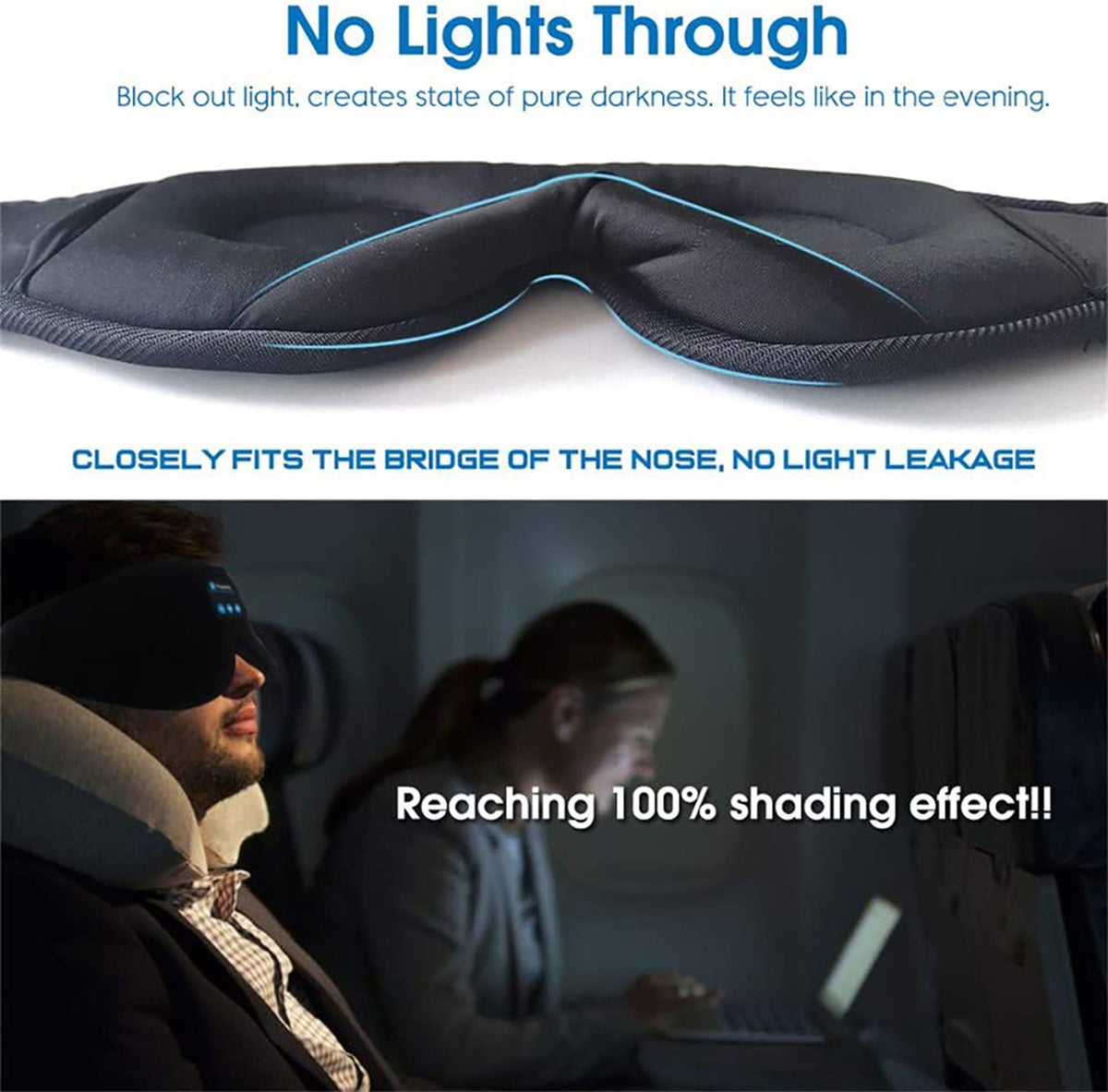 The Bluetooth sleep mask's nose bridge, and a person wearing it while resting in a seat