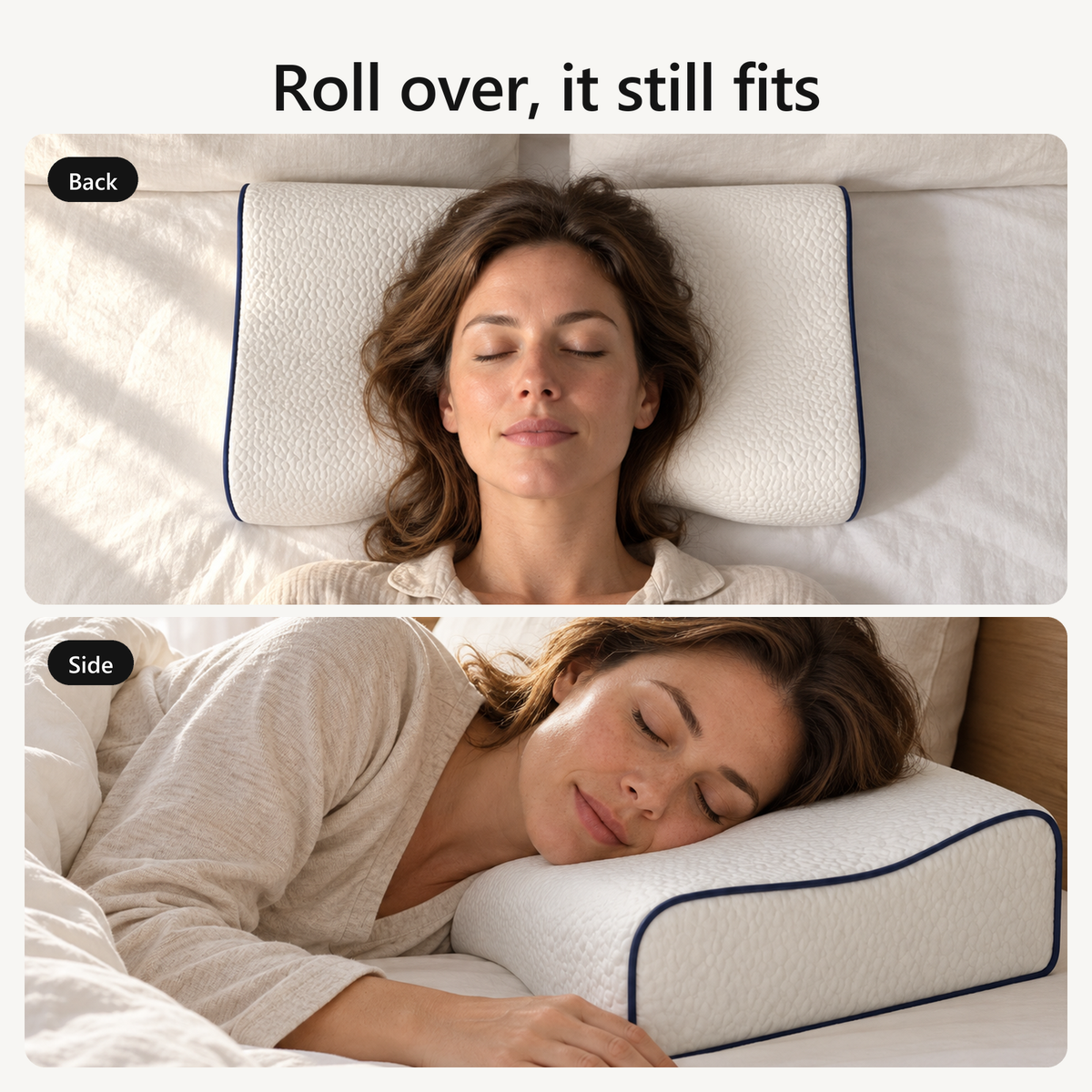 Roll over, it still fits. A woman asleep on the Contour Pillow on her back, then on her side