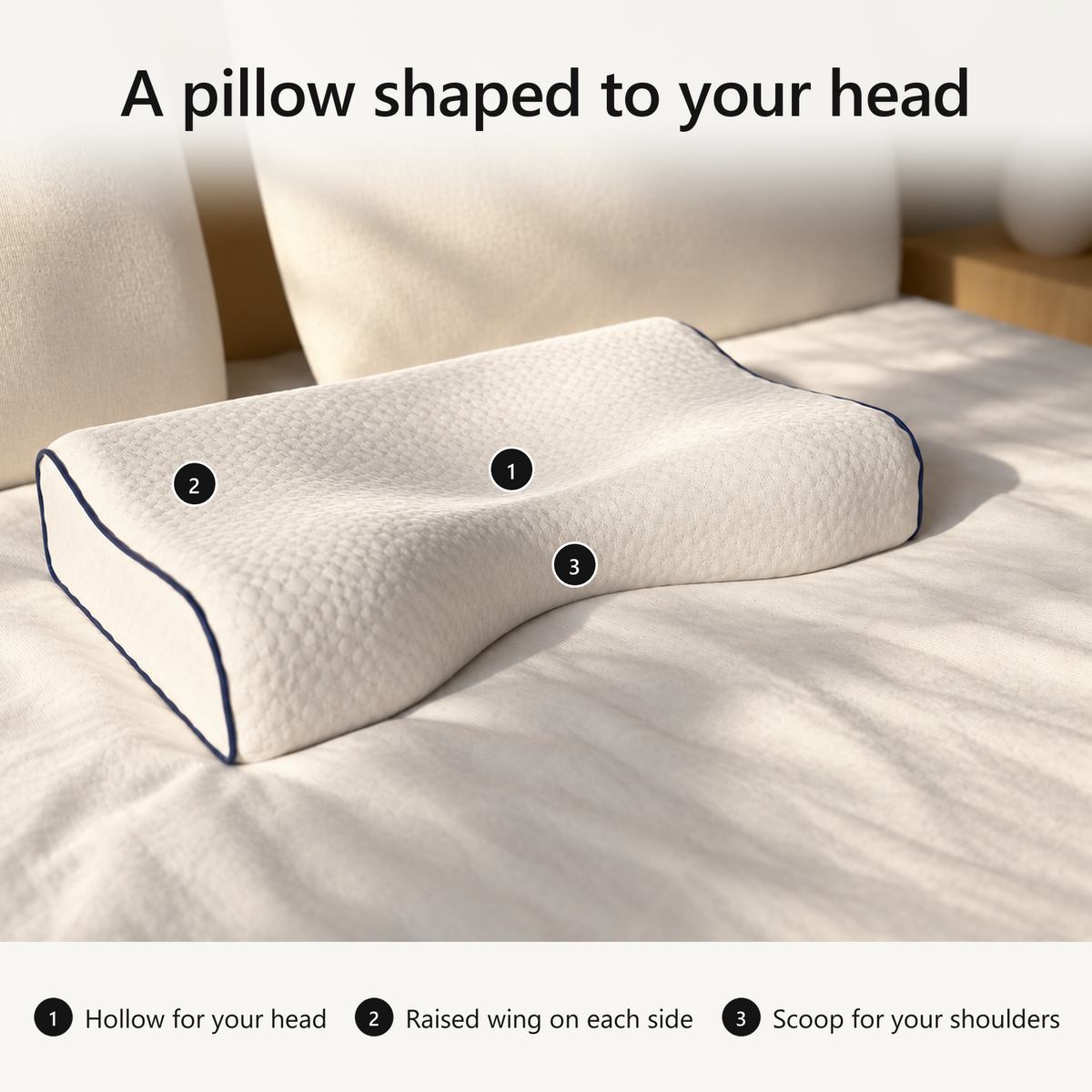 A pillow shaped to your head. Numbered: the hollow for your head, a raised wing on each side, a scoop for your shoulders