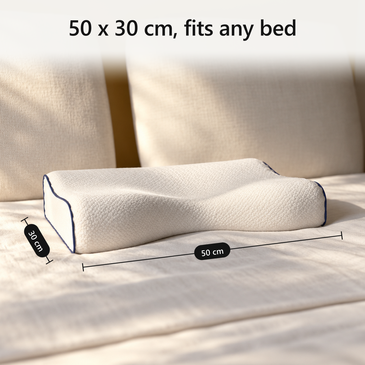 50 x 30 cm, fits any bed. The pillow on a bed with its length and width marked