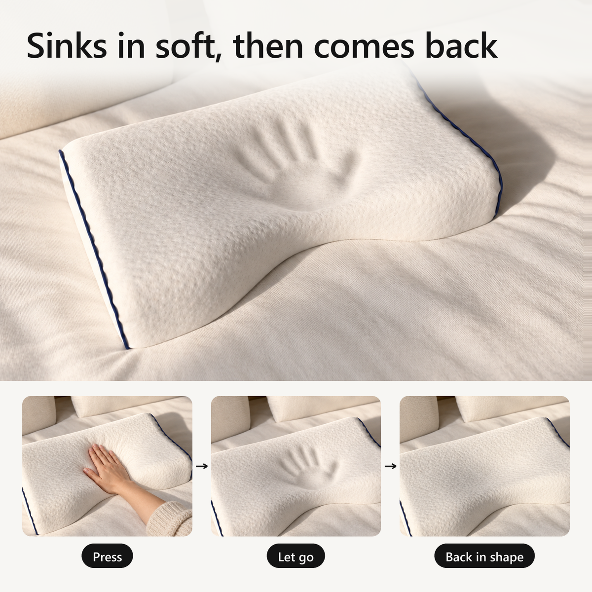 Sinks in soft, then comes back. A hand presses the memory foam, lets go, and the pillow is back in shape