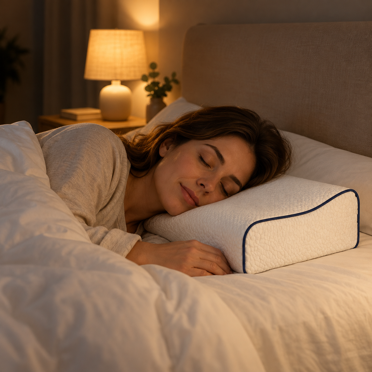 A woman asleep on the Contour Pillow at night, a lamp on beside the bed