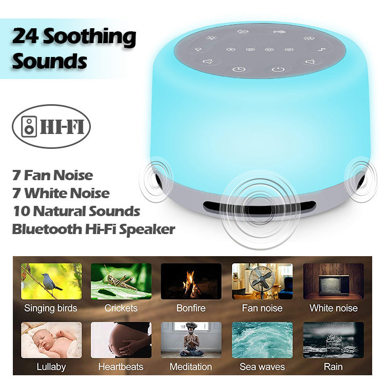 AVXT Exhale in blue with its 24 sounds listed, fan, white noise and nature, plus the Bluetooth speaker