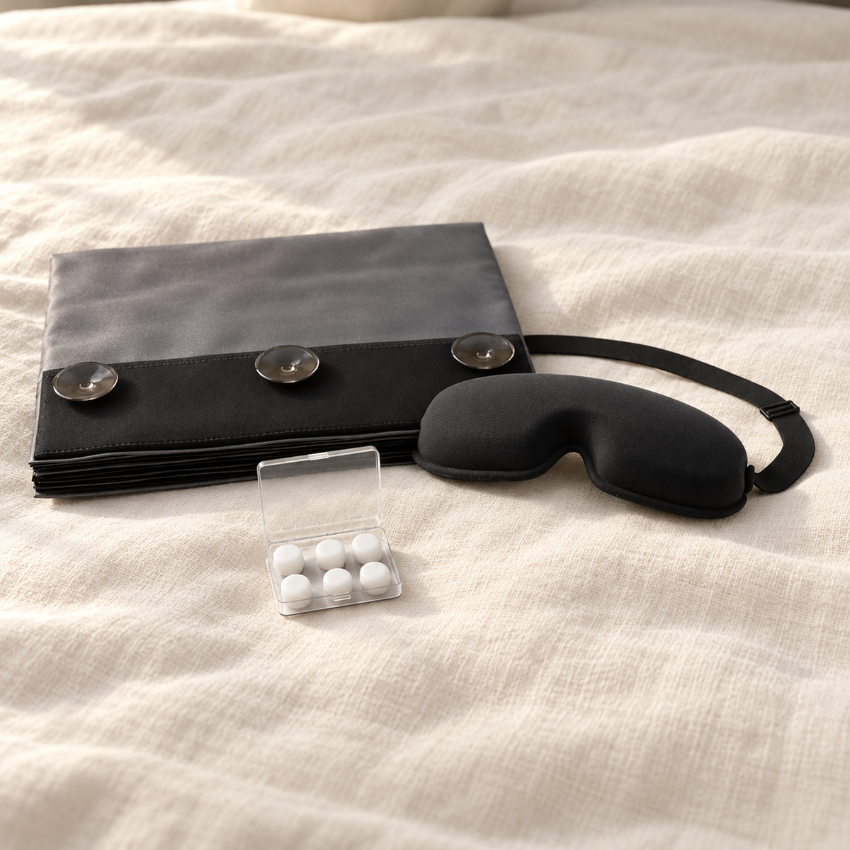 The Ultimate Sleep Kit on a linen bed: the Blackout Blind folded, the 3D Eye Mask in black and a clear box of white silicone putty earplugs