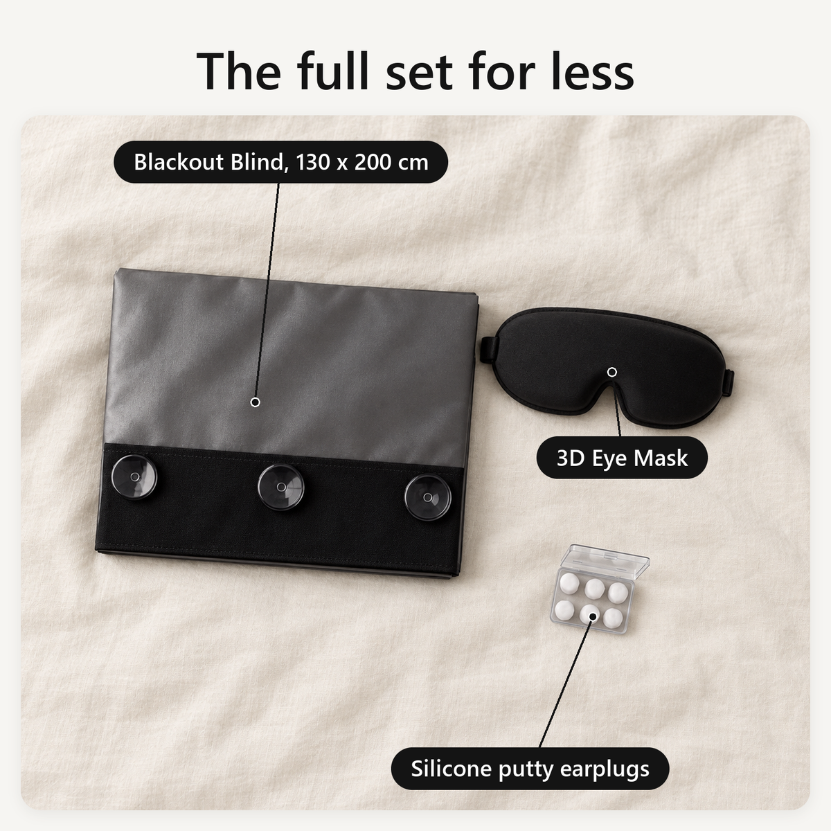 The full set for less. The Blackout Blind 130 x 200 cm, the 3D Eye Mask and the silicone putty earplugs, each labelled