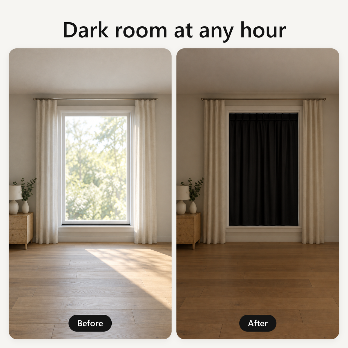 Dark room at any hour. A bedroom with a tall window, before and after the Blackout Blind goes up