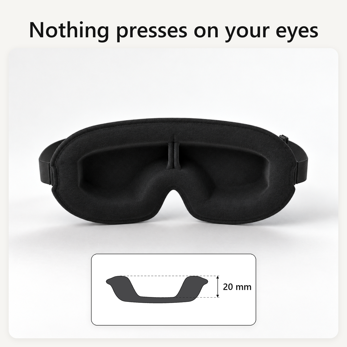 Nothing presses on your eyes. The inside of the Eye Mask and a drawing of its cups, about 20 mm deep