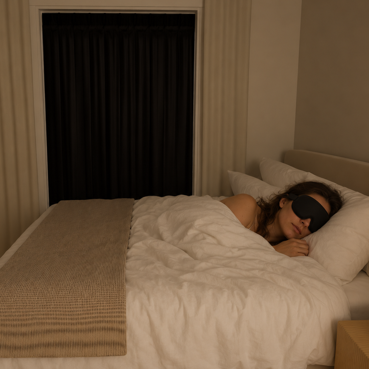 A woman asleep in the Eye Mask, the Blackout Blind on the tall window behind her bed