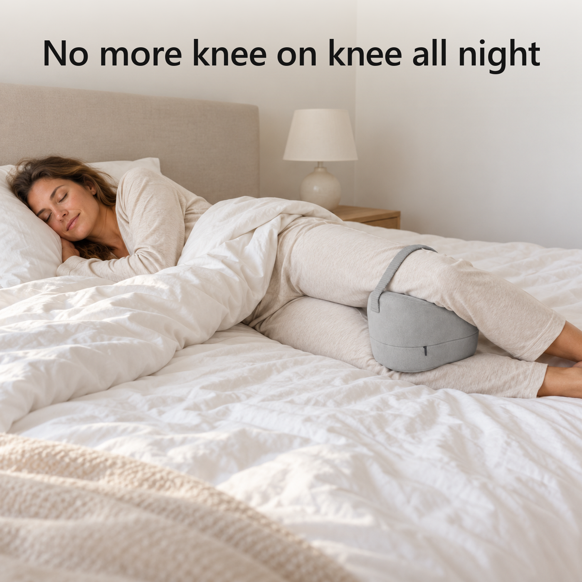 No more knee on knee all night. A woman asleep on her side with the Knee Pillow between her knees