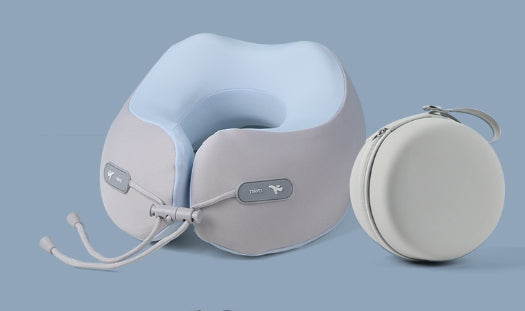 AVXT Travel Neck Pillow in blue next to its round case