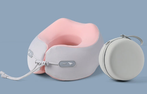 AVXT Travel Neck Pillow in pink next to its round case