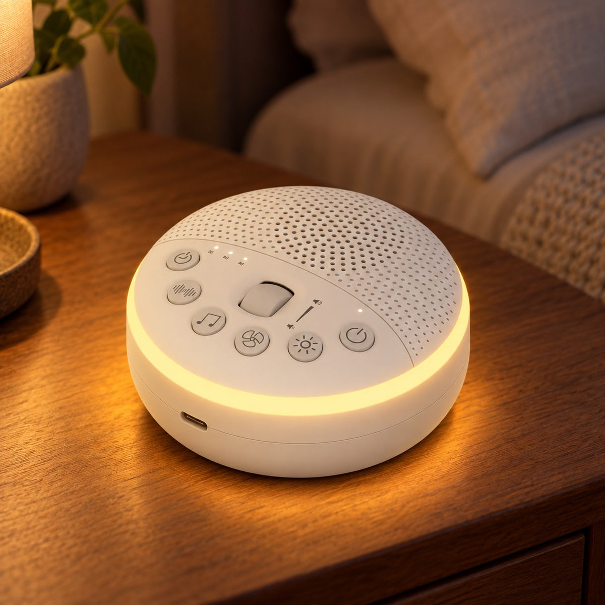 AVXT Vanish sound machine on a nightstand at night