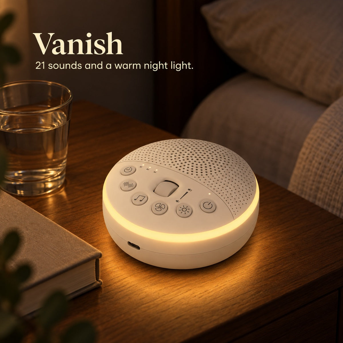 AVXT Vanish on a nightstand beside a glass of water