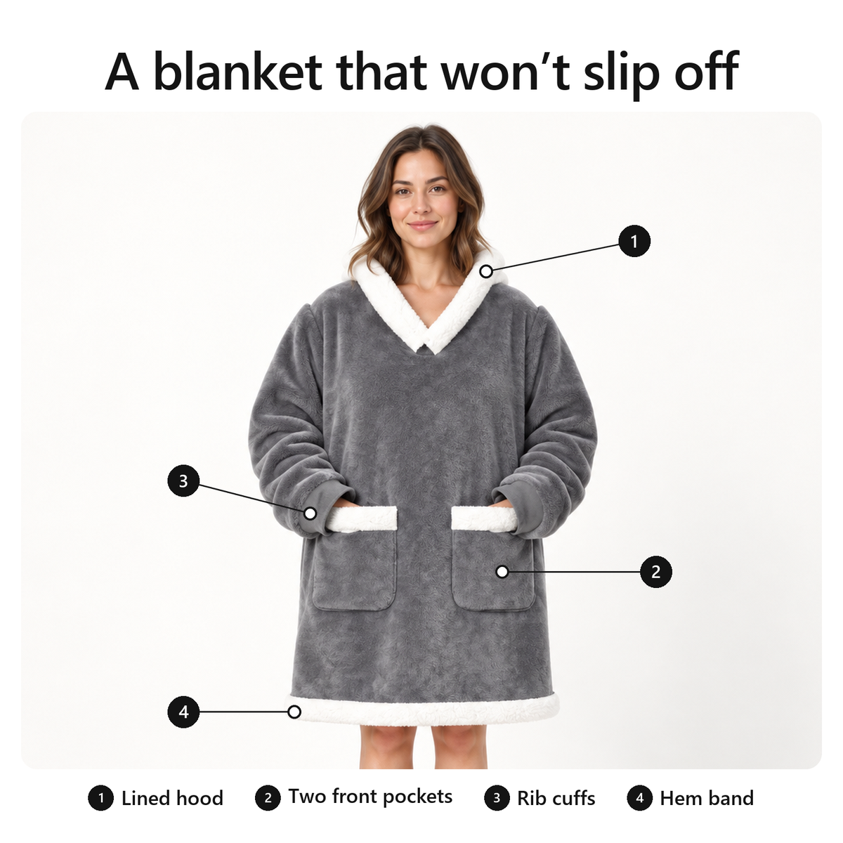 A blanket that won't slip off. Numbered: lined hood, two front pockets, rib cuffs, hem band