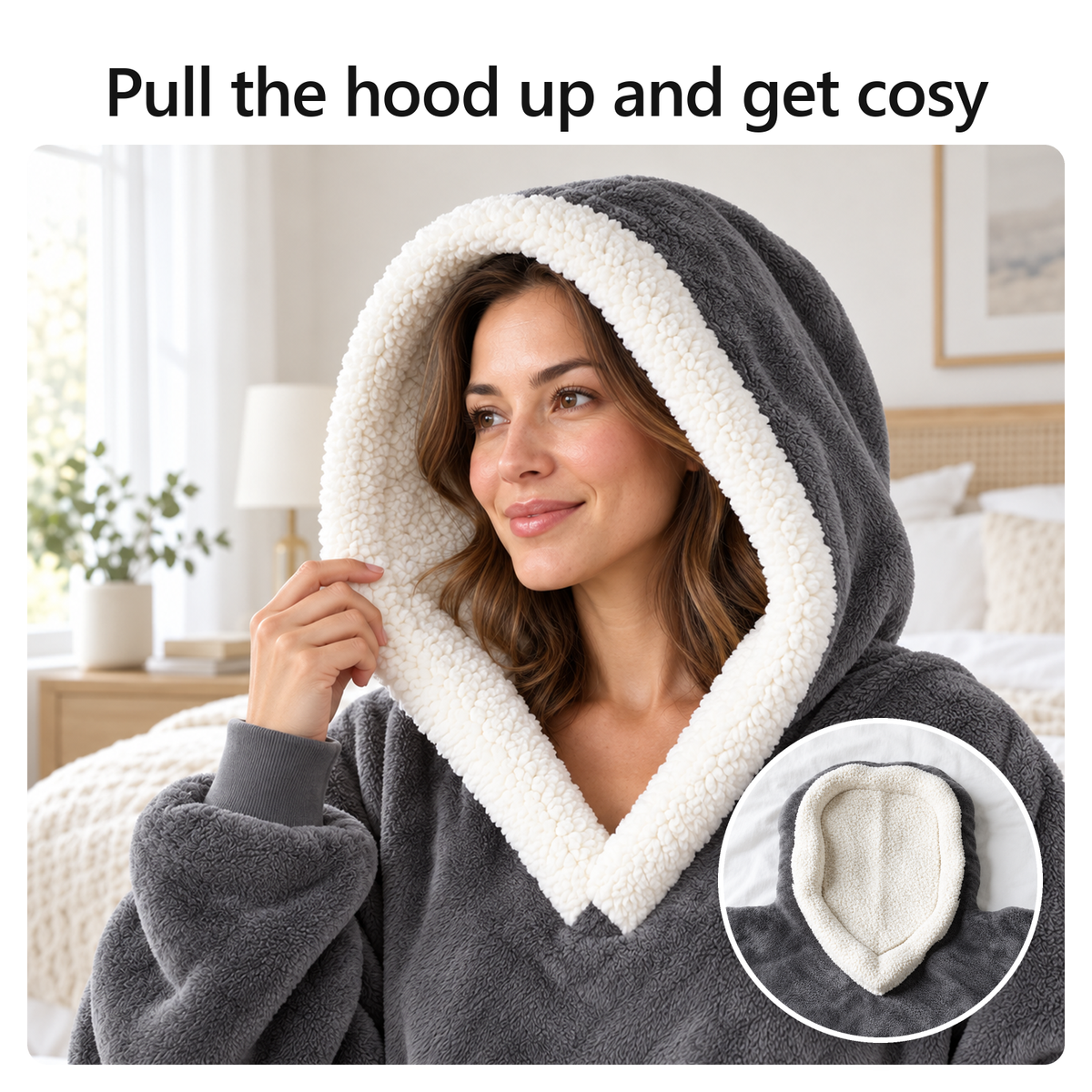 Pull the hood up and get cosy. A woman with the lined hood up