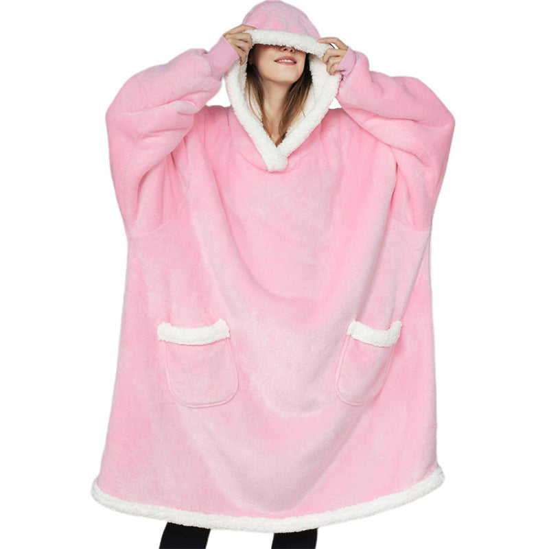Pink Wearable Blanket with the hood pulled up