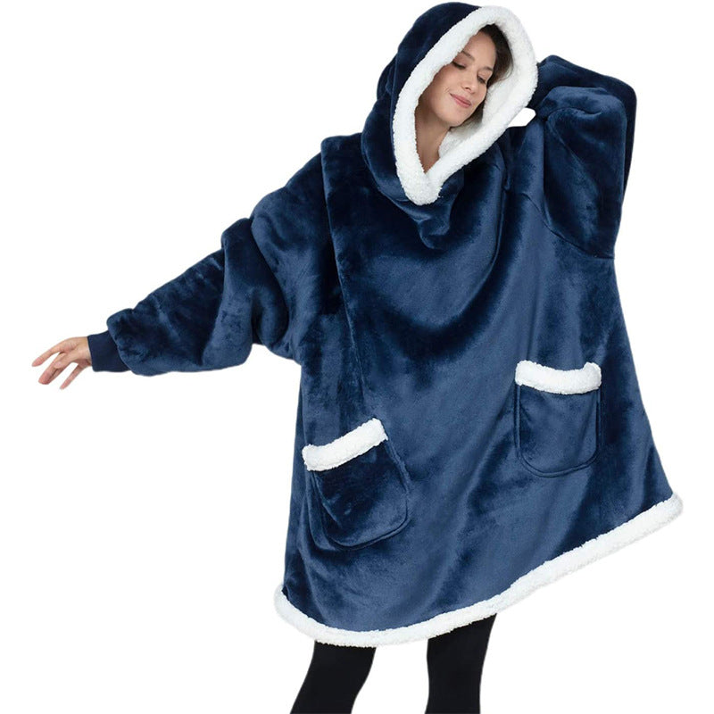 Navy Wearable Blanket with its white lined hood