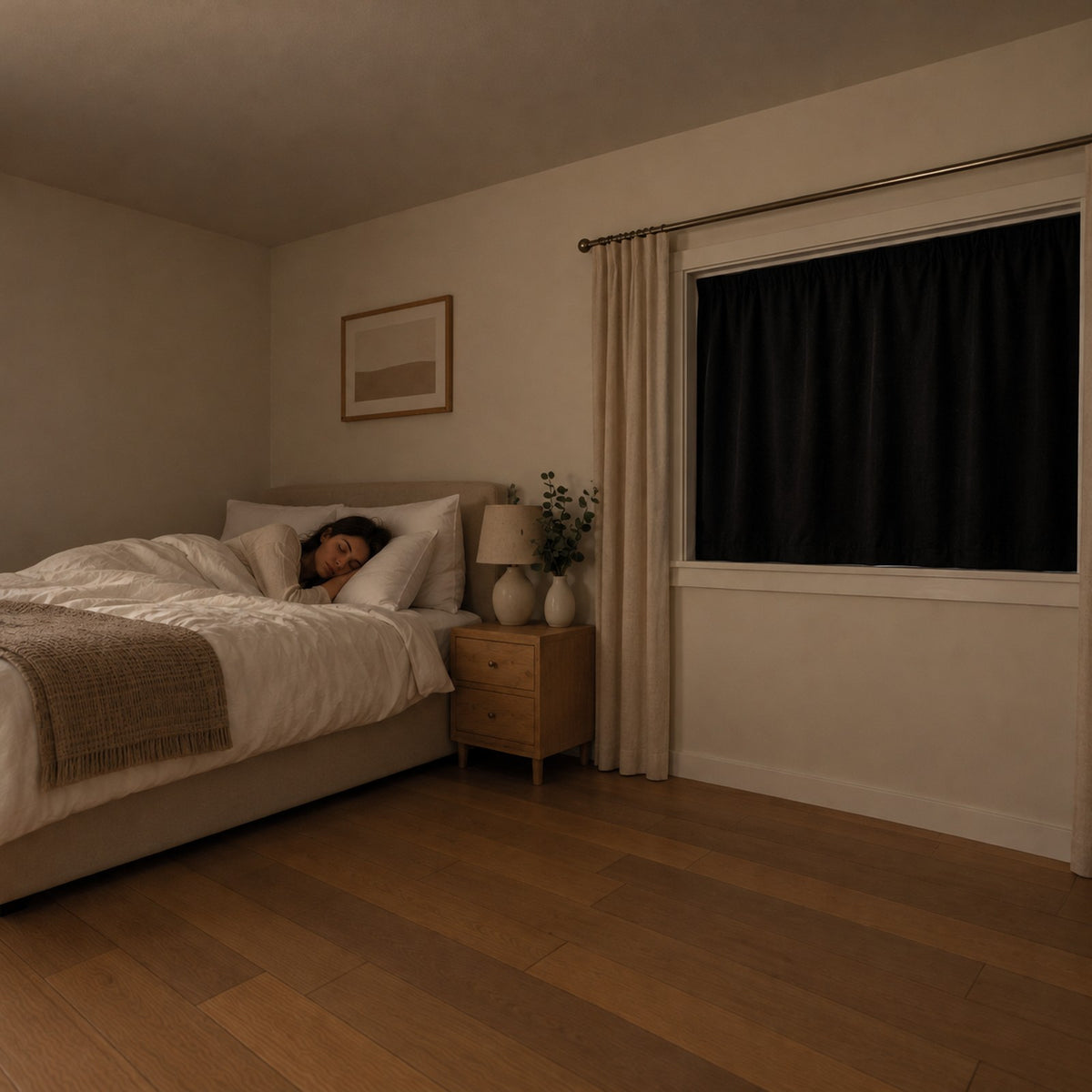 A woman asleep in a dim bedroom, the Blackout Blind over the window