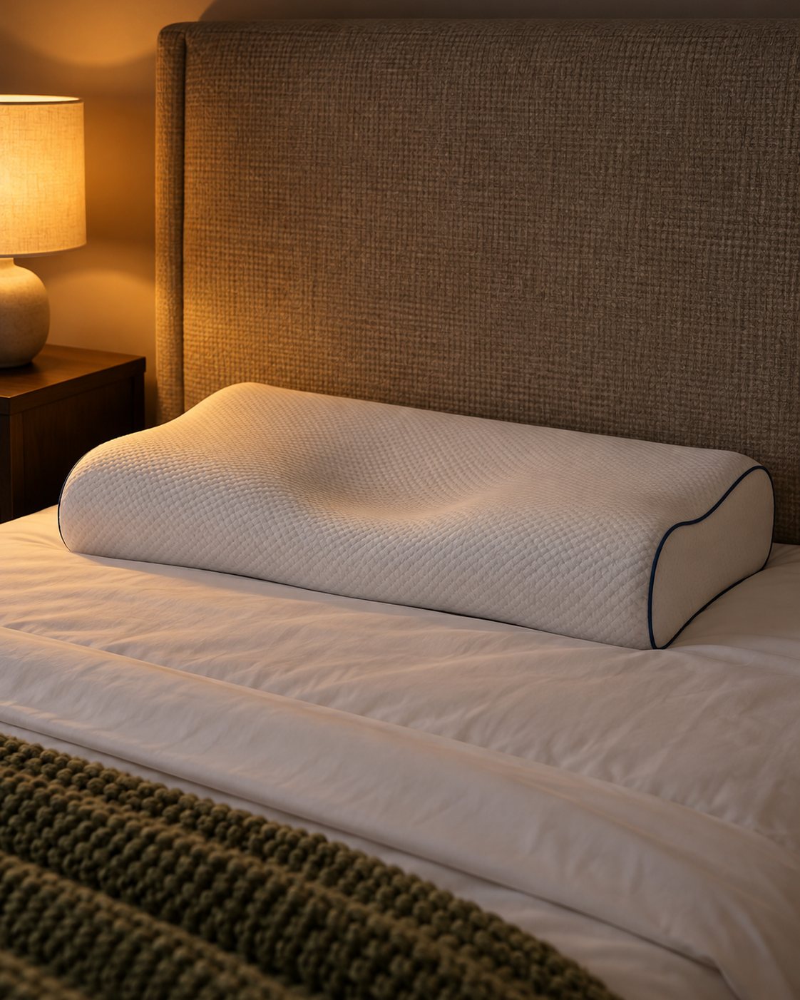 The white Contour Pillow on a made bed, a lamp lit on the nightstand
